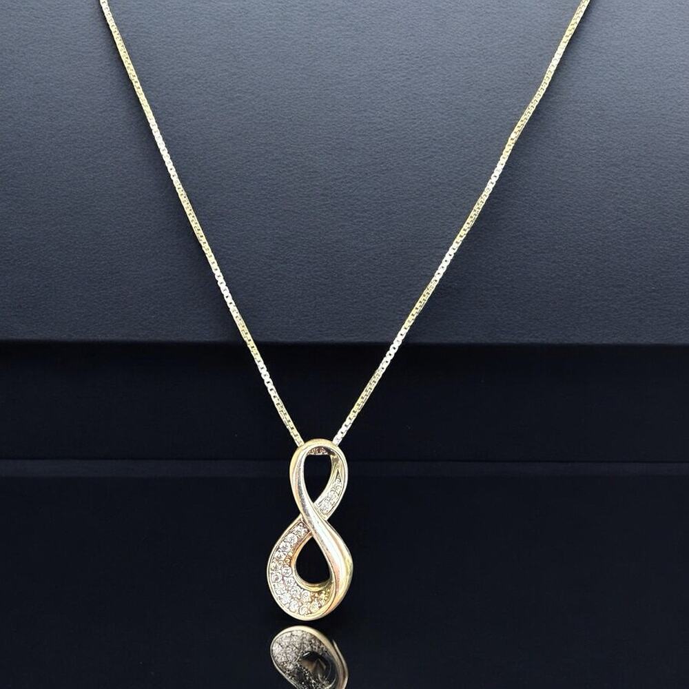 CP Infinity Necklace Crystals CZ Sterling Silver 925 Box Chain 18”L Pendant 2.3g